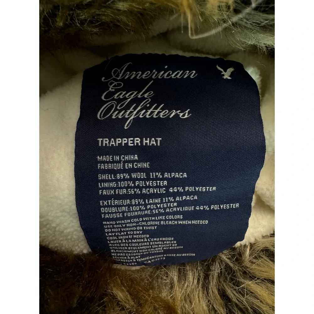 American Eagle Trapper Hat Blue Cream Striped Wool Alpaca Blend Faux Fur Trim